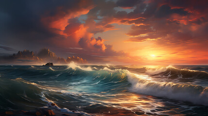 A sunset over a rough sea. The sky is orange and yellow, with some clouds. The water is dark blue and green, with white waves crashing on the shore.

