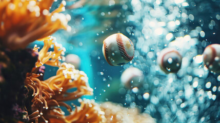 Multiple baseballs floating underwater near coral, with a sparkling light effect and tiny bubbles