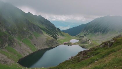 Wall Mural - capra lake of fagaras range on a cloudy day summer nature scenery in mountains of romania popular travel destination of transylvania alps