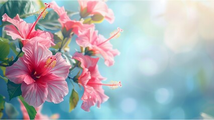 Wall Mural - copy space of hibiscus flowers in the corner over soft blur background, flowers in the garden