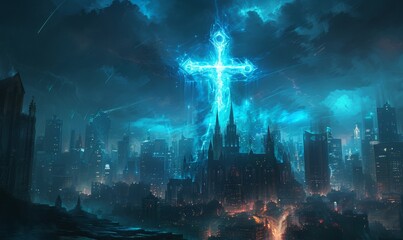 Wall Mural - a large Christian cross burning with blue fire, placed on a barrel in the background, placed on one side, and the other place free for text