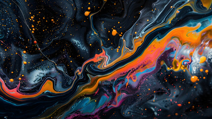 Wall Mural - Abstract colorful art liquid floating colors splashes background illustration - Colorful acrylic paint splashing, color splash bold rainbow colors, isolated on black background texture
