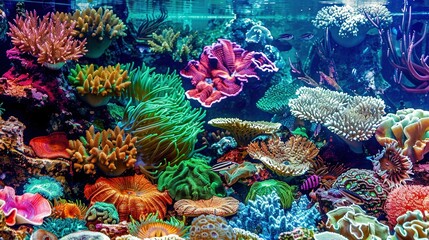 Wall Mural -   A vast coral reef brims with diverse marine life in the aquarium