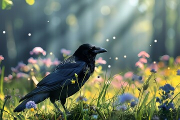 Wall Mural - Majestic raven sits among wildflowers with ethereal forest light rays illuminating the background