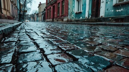 Wall Mural -   A wet cobblestone street, in a city with red buildings, sees a person strolling through the rain