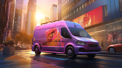 A purple van with a decal of a pizza on the side is parked on a city street. There are tall buildings in the background and cars on the  