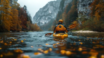 Wall Mural - a boy athlete kayaking down a whitewater rapids river in the mountains