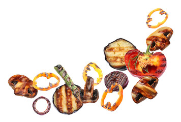 Wall Mural - Delicious grilled vegetables in air on white background