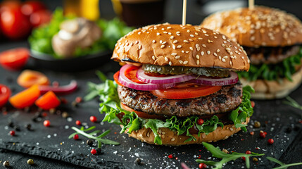 Classic meat or hamburger with tomatoes onions lettuce and pickles grilled meat collection, ultra realistic, icon,  angle view food photo, burger composition for menu, cafe, restaurant. card 