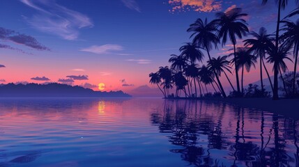Wall Mural - Serene beach scene at dusk with palm trees silhouetted