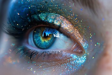 Poster - Macro shot of an eye with sparkling, multicolored glitter makeup