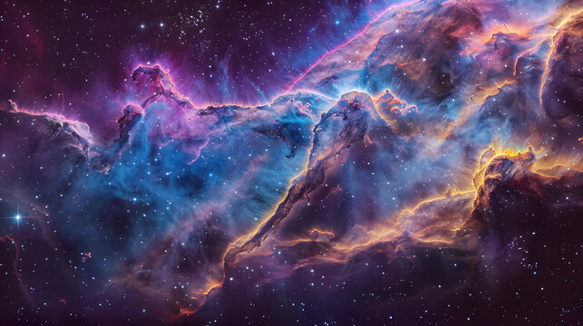 a colorful space scene with a rainbow of clouds and stars