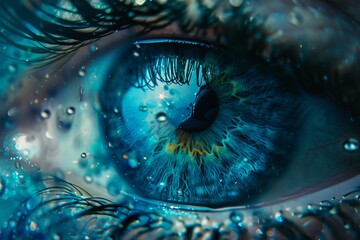 Canvas Print - Closeup shot of a blue human eye with intricate details, enhanced by sparkling water droplets