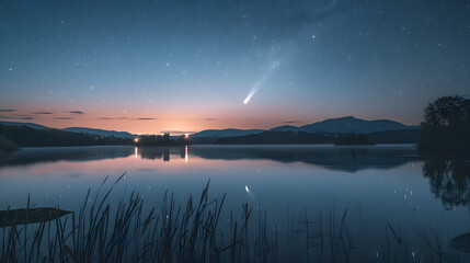 Wall Mural - A beautiful night sky with a shooting star and a lake in the background