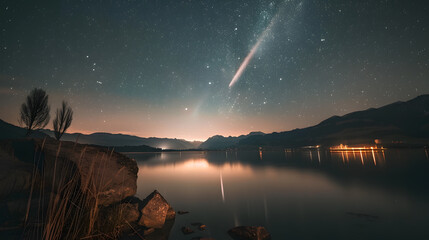 Wall Mural - A beautiful night sky with a shooting star and a lake in the background