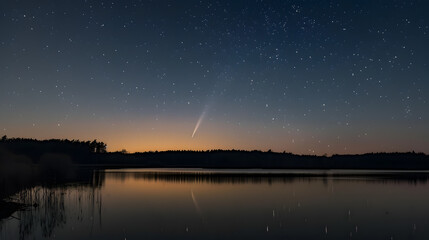 Wall Mural - A beautiful night sky with a shooting star and a lake in the background