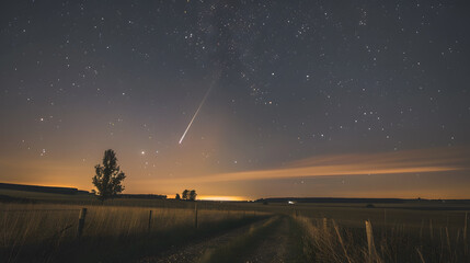 Wall Mural - A beautiful night sky with a shooting star and a lake in the background