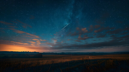 A beautiful night sky with a shooting star and a lake in the background