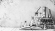 © Mahnoor - black and white sketch of lab instrumentsm microscope,flasks,experiment instruments, chemistry lab concept, physics and biology students, can be used for college, school, cards, banners, wallpapers