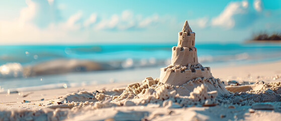 beautiful sand castle on the beach shore - summer vacation concept - copy space