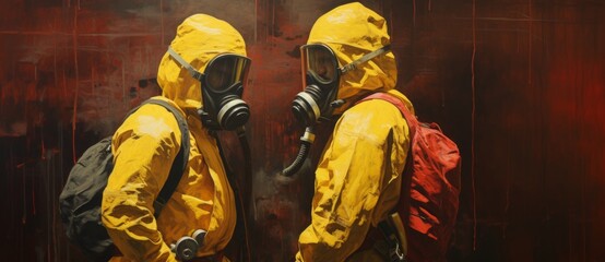 Two firemen in gas masks on a red background with smoke.