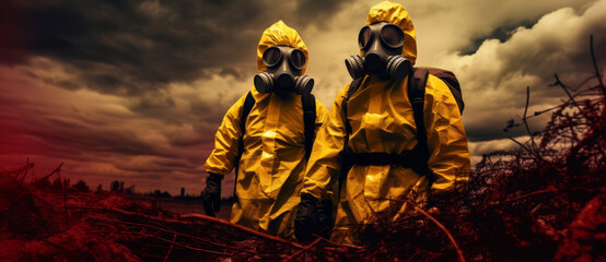 Two men in gas mask and biohazard suit standing in ruins.