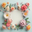 © LyubaAlex - Beautiful flower frame made of fresh spring flowers with paper card note on pastel blue background. Top view, flat lay.