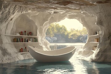 Wall Mural - Luxurious bedroom with a white bathtub, large windows, and a unique cave like design creating a serene and relaxing space