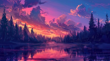 A scenic evening with a colorful sunset sky above a serene forest by a tranquil lake devoid of any individuals