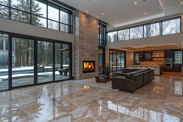 Wall Mural - Luxurious living room with marble flooring, large windows, and elegant decor creating a serene and inviting space