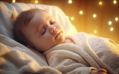 Baby sleeps under blanket while fairy lights glow behind them, baby sleeps in white blanket with fairy lights in the background.