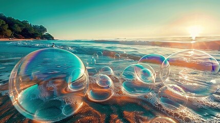 Wall Mural -   Soap bubbles float on a beach beside water and a sun