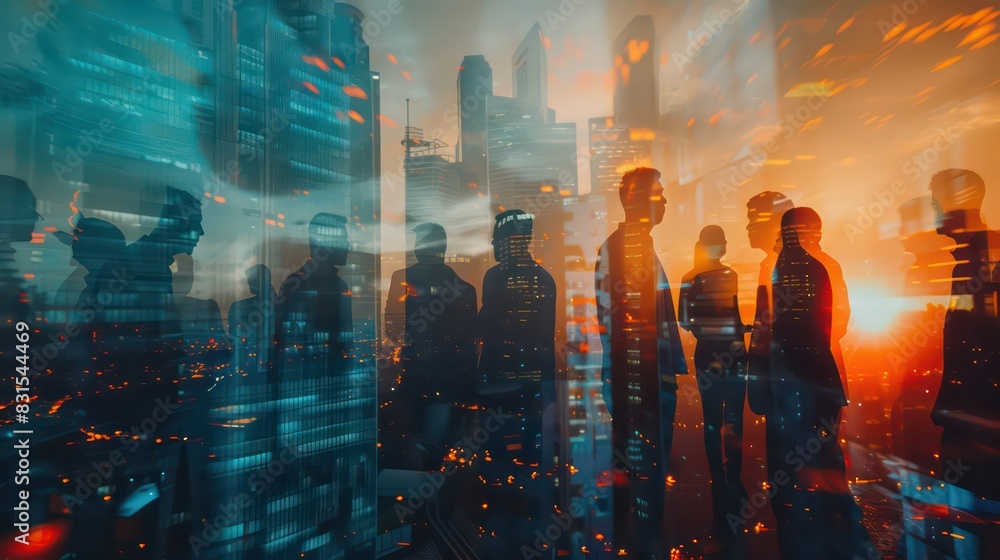 Double exposure image of many business people conference group meeting ...