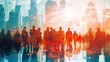 © Emil - Double exposure image of many business people conference group meeting on city office building in background showing partnership success of business deal. Concept of teamwork