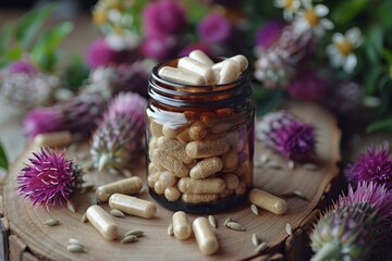 Wall Mural - wooden surface with scattered milk thistle capsules and seeds, representing herbal supplement concept in a jar