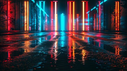 Wall Mural - dark night street, wet asphalt, neon reflection in the water.