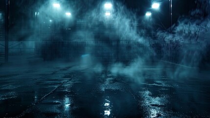 Wall Mural - dark night street, wet asphalt, neon reflection in water, smoke, smog.