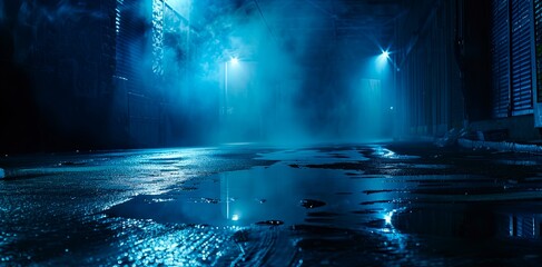 Wall Mural - dark night street, wet asphalt, neon reflection in water, smoke, smog.