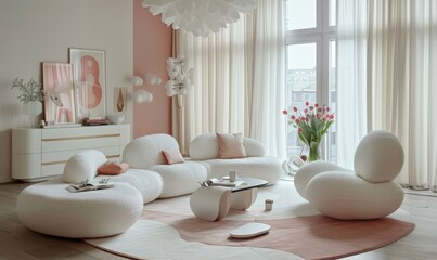 Poster - A modern living room with a white sofa with pink and white cushions