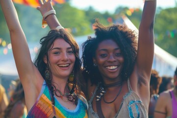 Black woman and white girl are smiling, posing for a photo at a music festival. They are dressed in casual clothing.