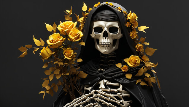 A skeleton wearing a black cloak is surrounded by yellow roses.