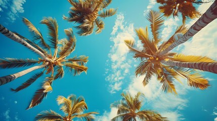 Looking up at blue sky and palm trees, view from below, vintage style, tropical beach and summer background, travel concept. 