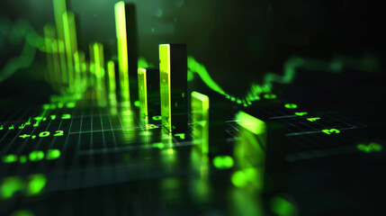 Wall Mural - Green profit growth graph on a dark background. The growth line going up is bright green. Business concept.