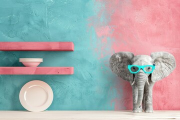 Elephant in a china shop. Dishes. Head portrait of an elephant wearing glasses. Banner. background. turquoise, pink.