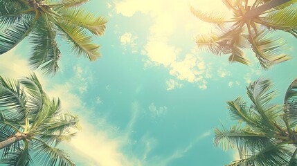 Wall Mural - Looking up at blue sky and palm trees, view from below, vintage style, tropical beach and summer background, travel concept. 