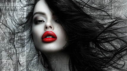 Fashion girl with red lips Woman's black and white sketch face art flying hair, . Stylish original graphics portrait with beautiful young attractive girl model, space for text, beauty