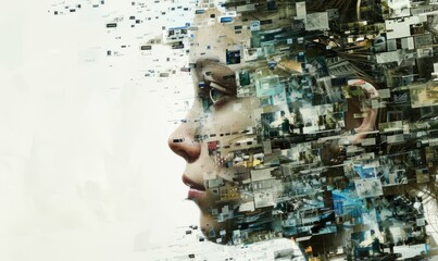 Wall Mural - Multiple exposure photography with a female face and social media icons