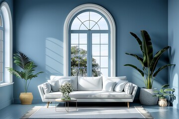 Sticker - Elegant living room with light blue walls, white sofa, and large windows, filled with natural light and greenery, exuding sophistication and freshness