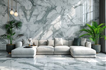 Wall Mural - Luxurious marble living room with white furniture and lush plants, exuding elegance and sophistication in a bright and airy space