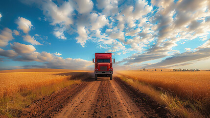 red truck driving along the empty highway massive desert.  Spectacular aerial shot of trucks and cars crossing the barren landscape, space for text 